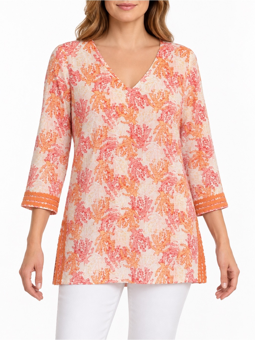 J Jill Tunic Womens Small Linen Cotton Coral Reef Print Orange Pink V Neck